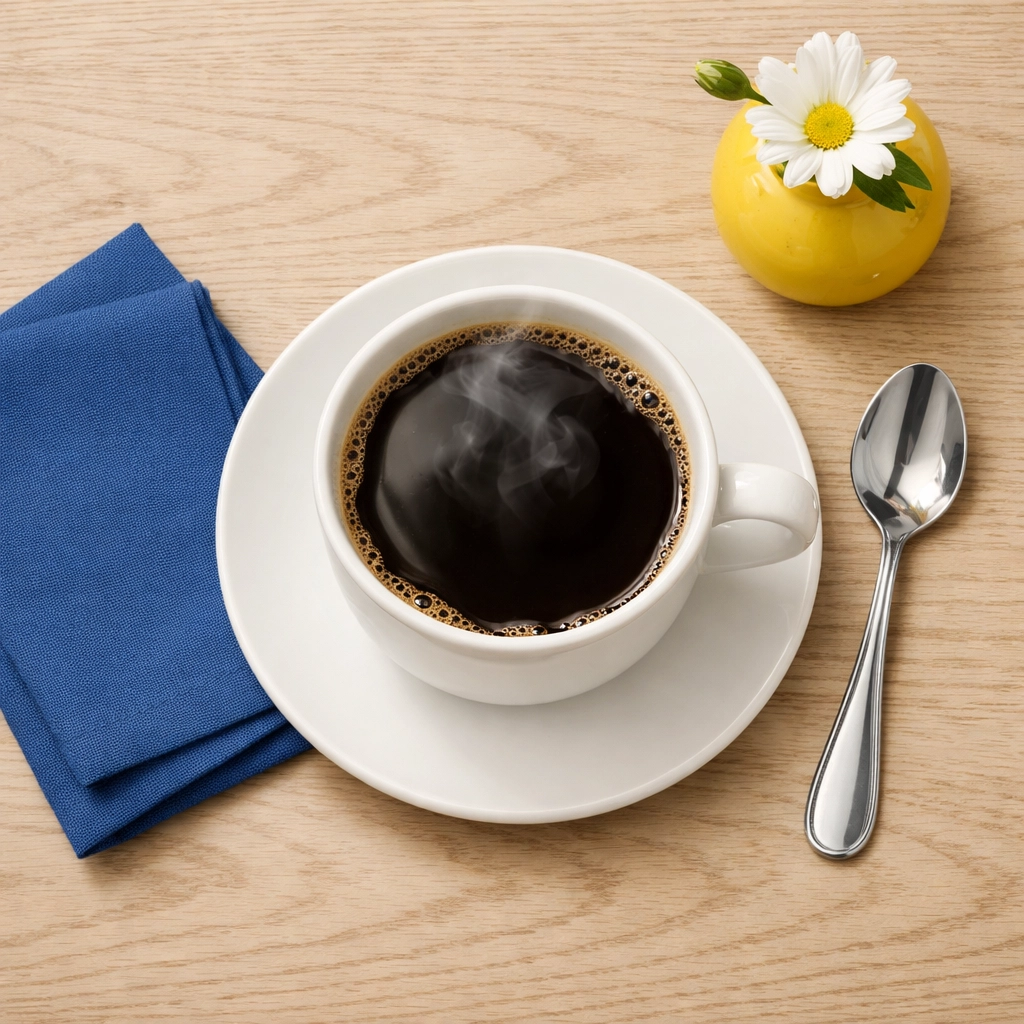 A steaming mug of fresh coffee on a white saucer, showcasing better tasting brews from a clean machine.