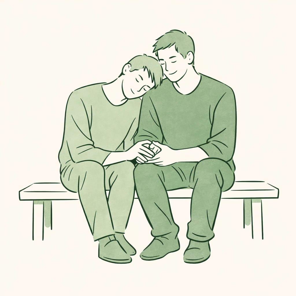 Minimalist illustration of a supportive MM romance couple on a bench, reflecting emotional healing in gay fiction.