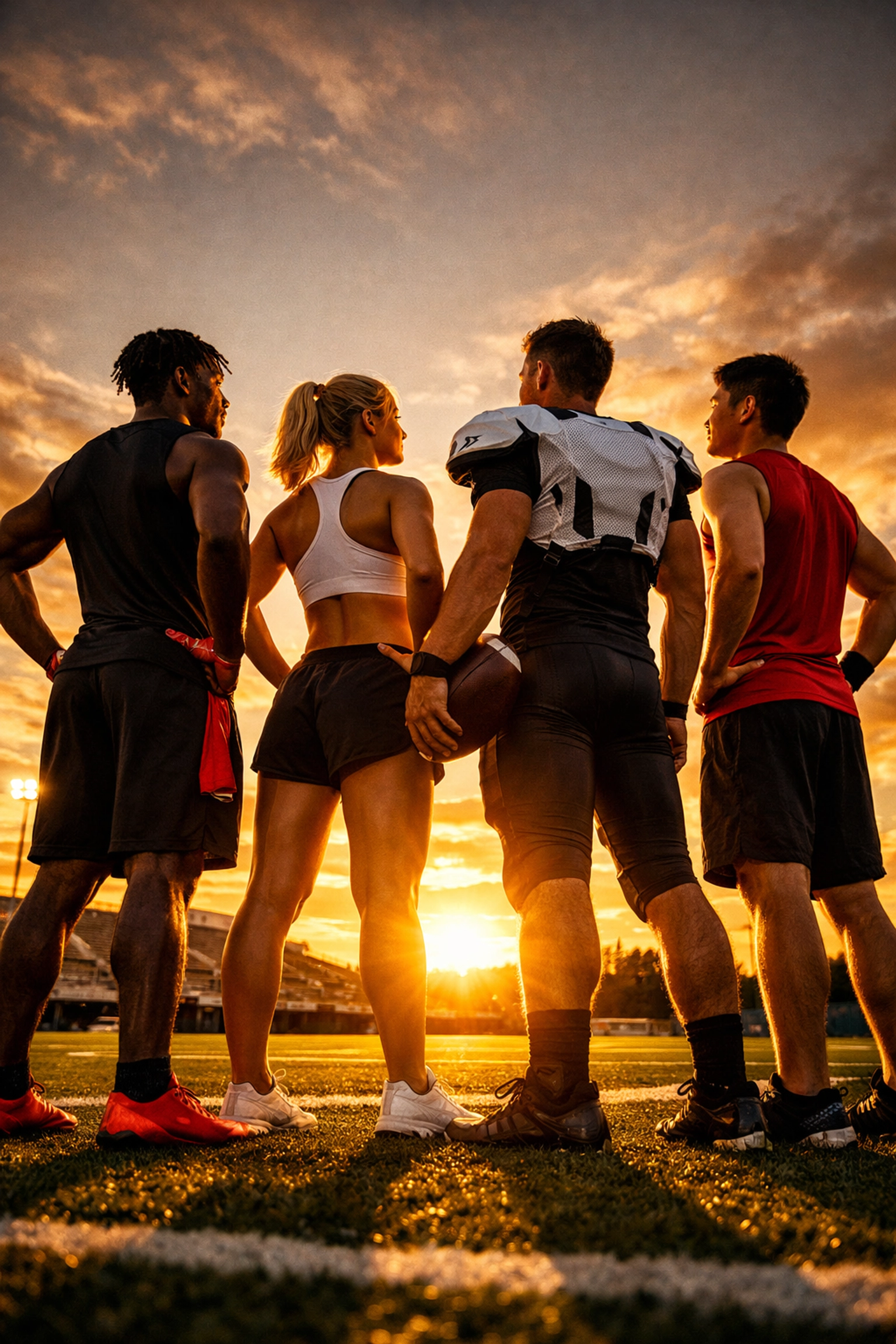 Diverse group of high performance athletes looking toward the future with a Super Bowl mindset.