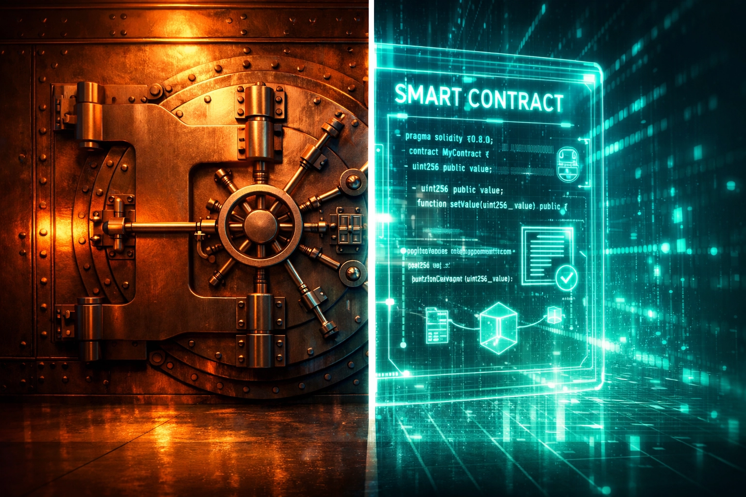 Traditional bank vault versus decentralized smart contract showing Web3 payment freedom