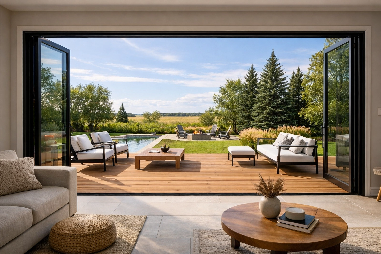 Living room to deck transition after exterior renovations in Red Deer with sliding doors