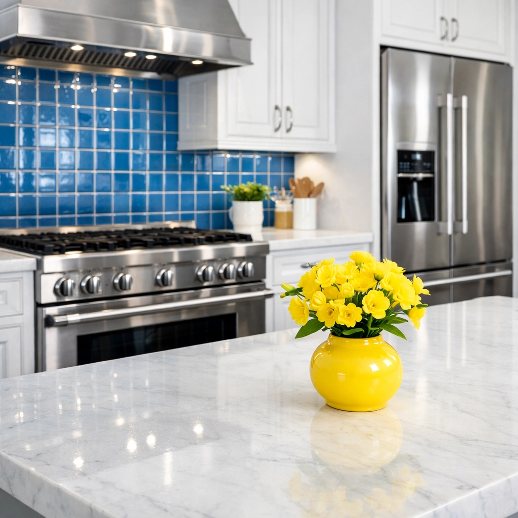 Luxury Somerville kitchen with sparkling countertops and white cabinets following professional deep cleaning services.