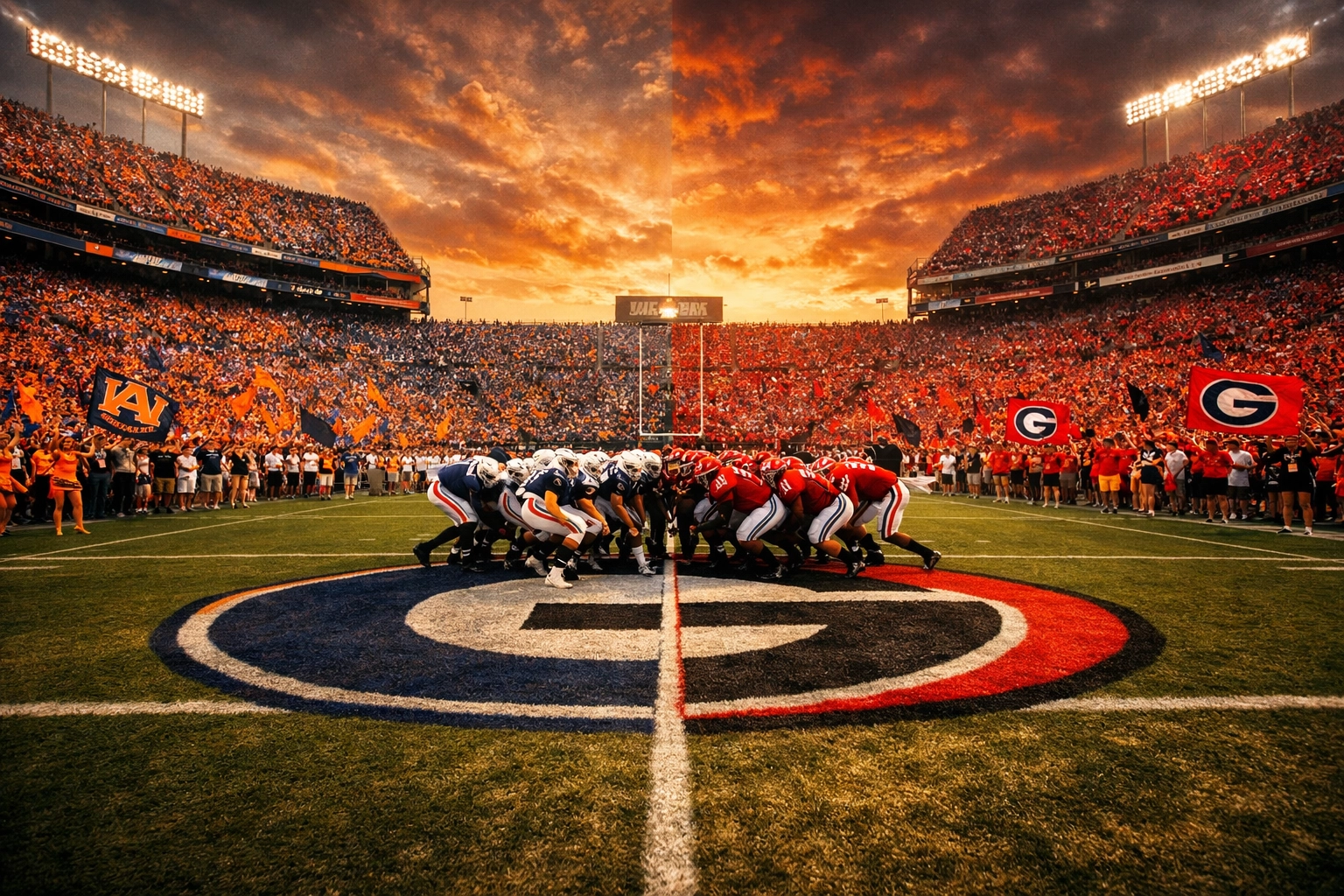 Georgia vs Auburn stadium rivalry scene showing Deep South's Oldest Rivalry football matchup