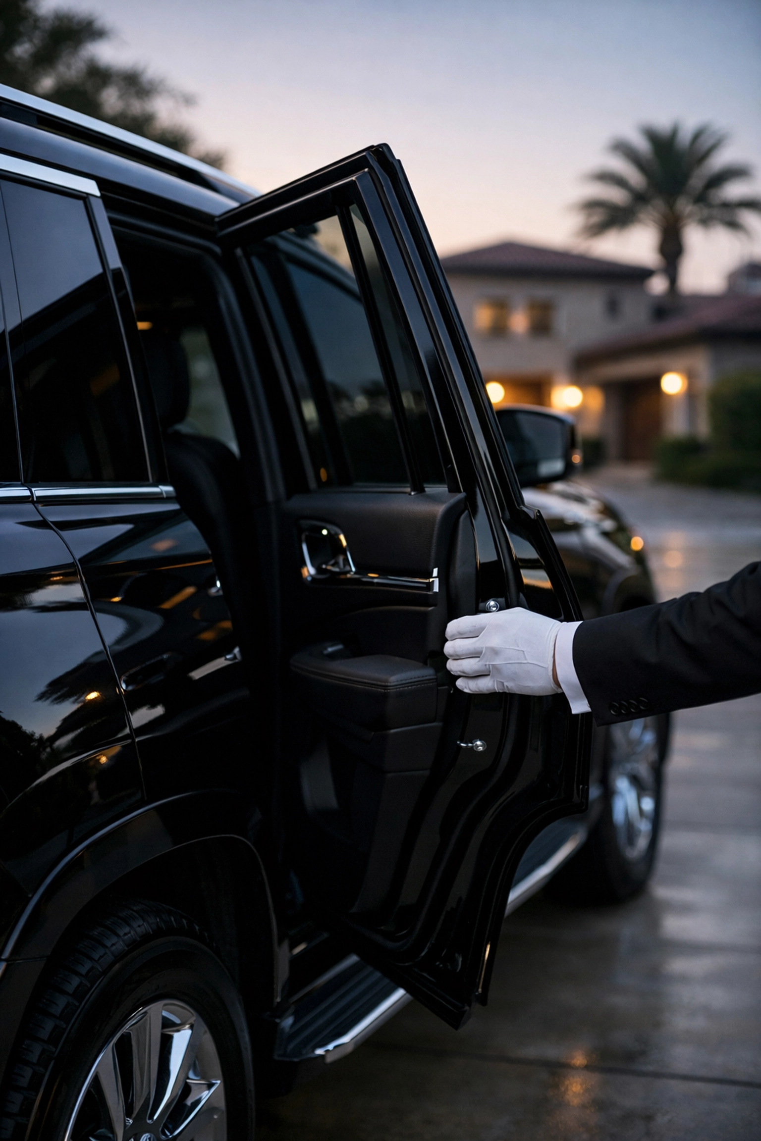 A professional chauffeur opens a luxury SUV door for an executive car service pickup in Orange County.