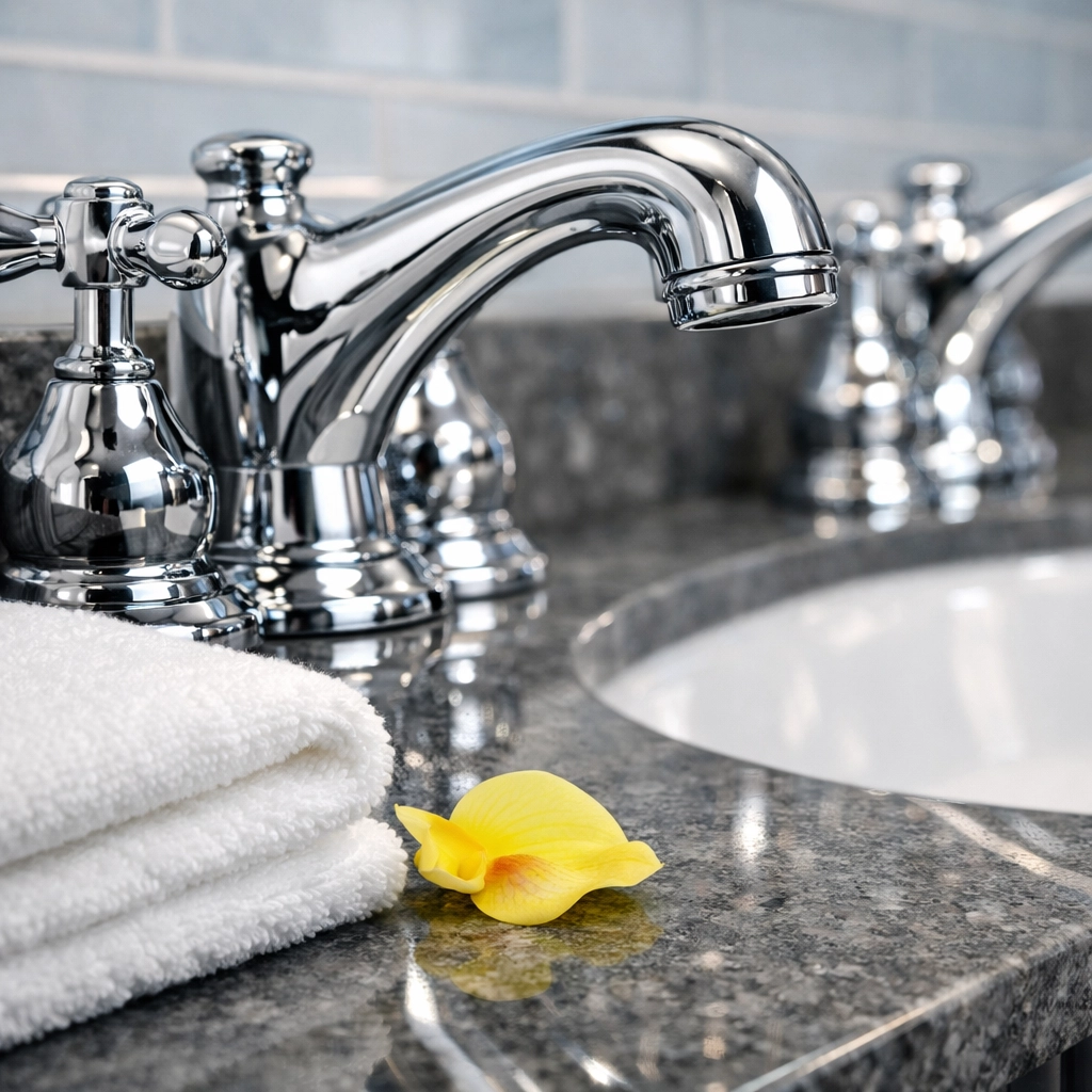 Professional residential cleaning in a luxury Massachusetts bathroom featuring polished chrome fixtures.
