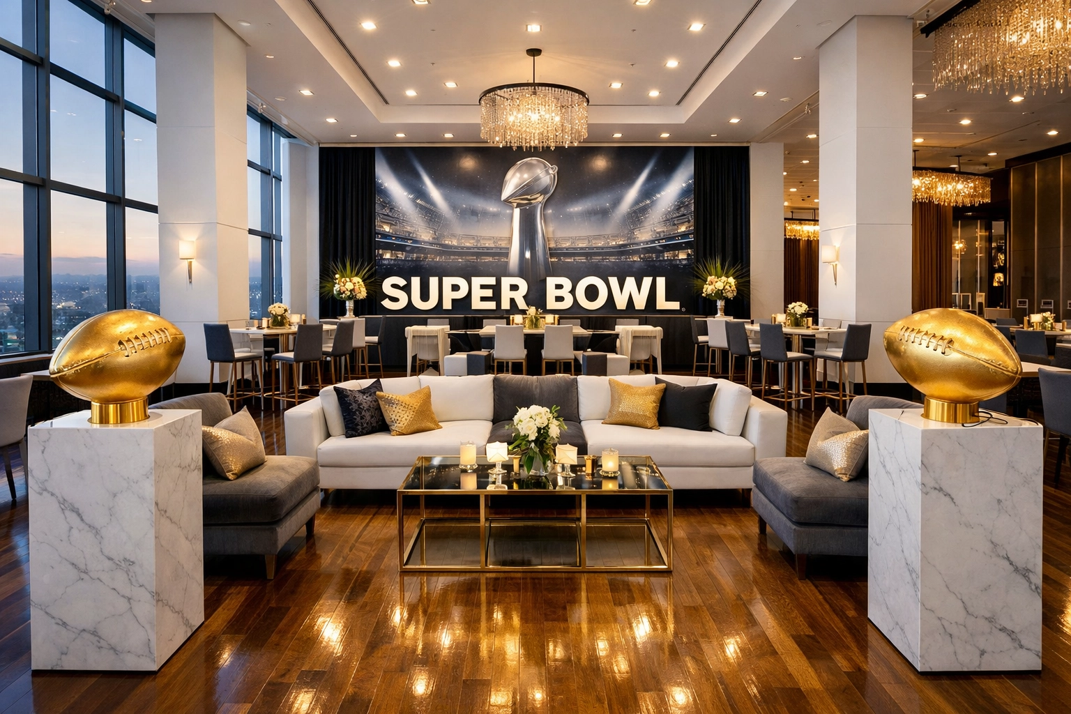 Luxury corporate event lounge for a Super Bowl branding gala with gold football accents.