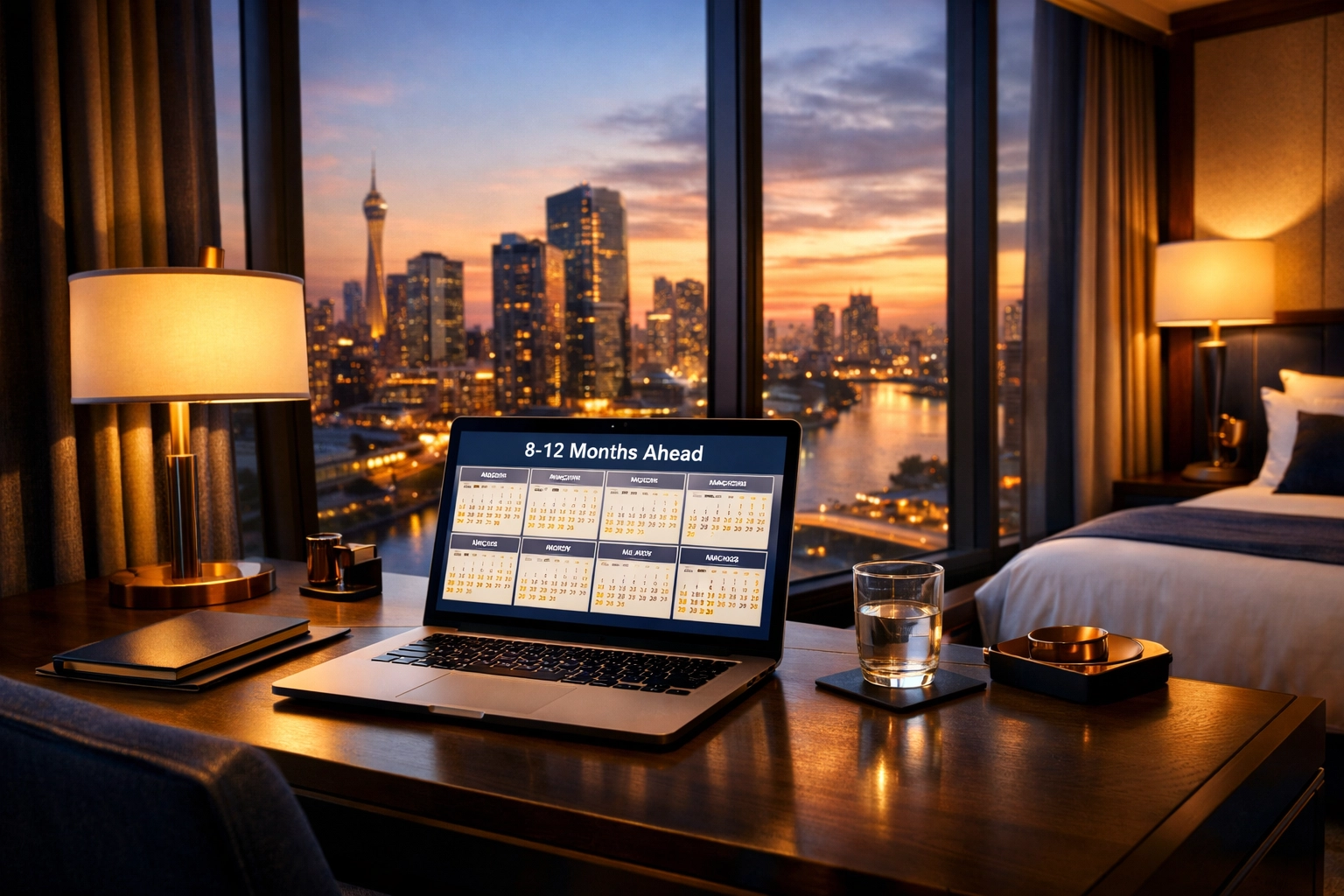 NEWSLETTER: Stop Wasting Money on Last-Minute Super Bowl Bookings: Try These 7 Strategic Travel Hacks Executive hotel room with laptop showing Super Bowl booking calendar 8-12 months ahead