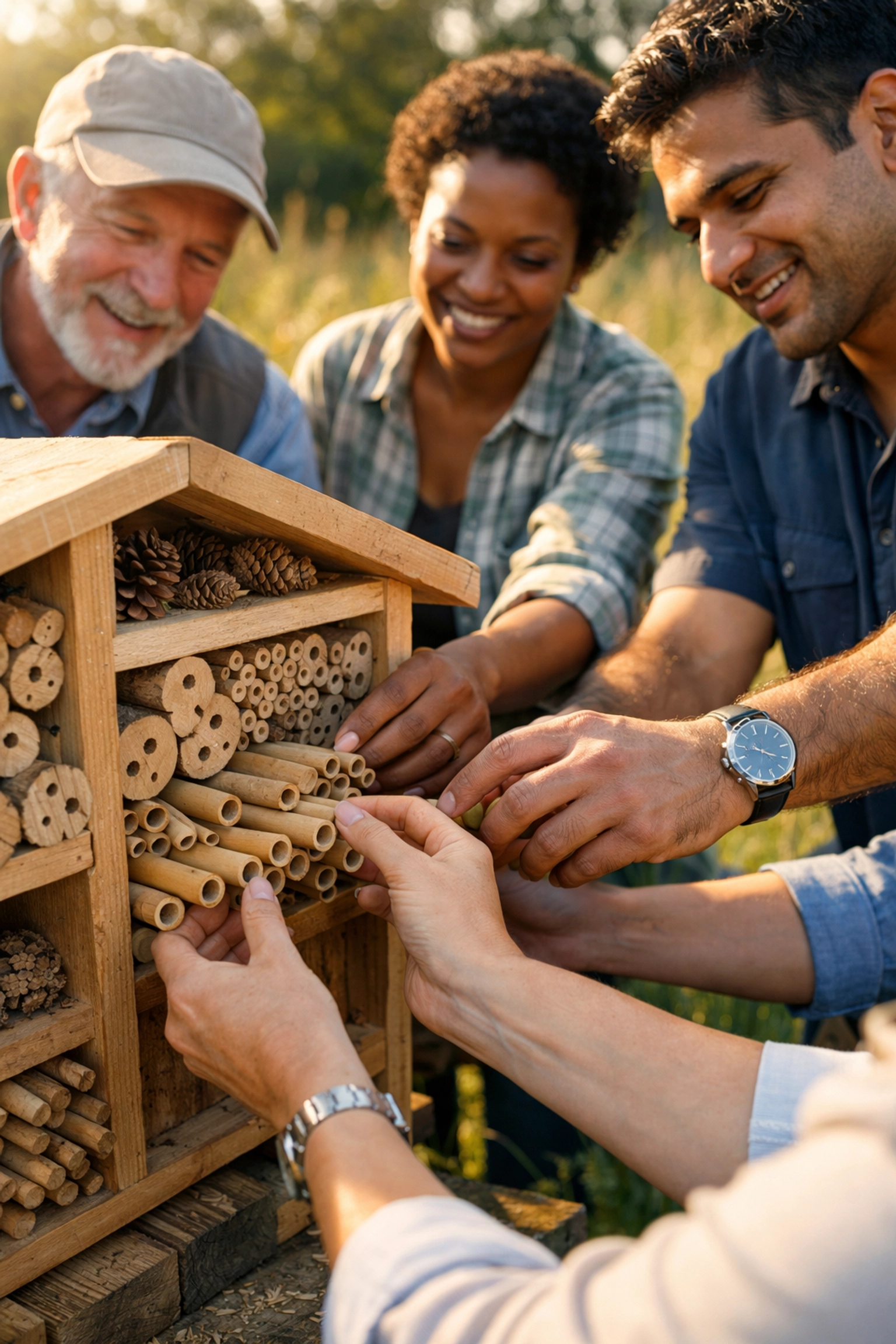 Professionals building a bee hotel during a bespoke corporate away day in the UK.