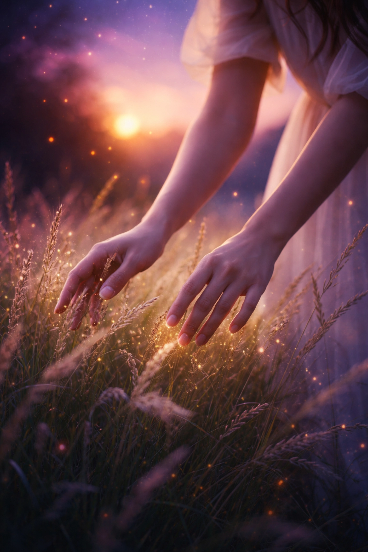 Woman’s hands touching grass in a tranquil meadow, representing grounding techniques for acute anxiety