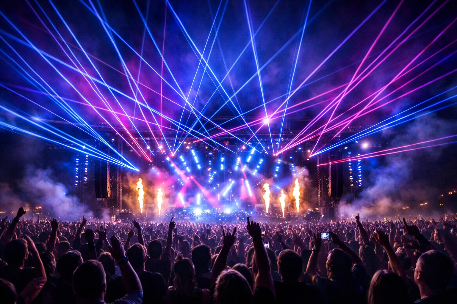 High-energy outdoor concert with vibrant stage lighting and a cheering crowd representing dynamic brand sponsorships.
