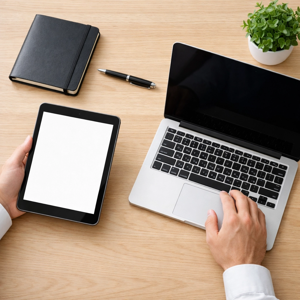 A clean, organized workspace representing precision in ServiceNow ITOM data management and ROI calculations.