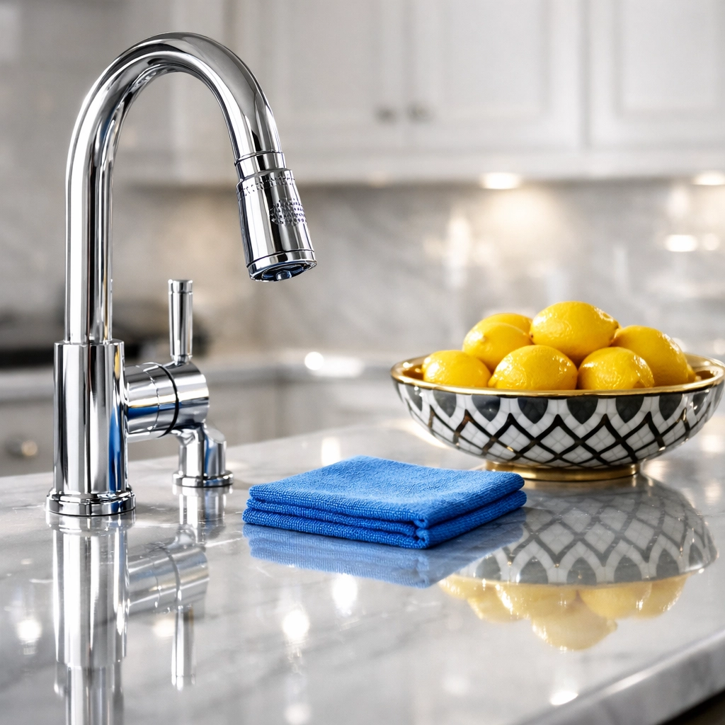 Deep cleaning MA results in a sparkling high-end Newton kitchen with polished marble counters.