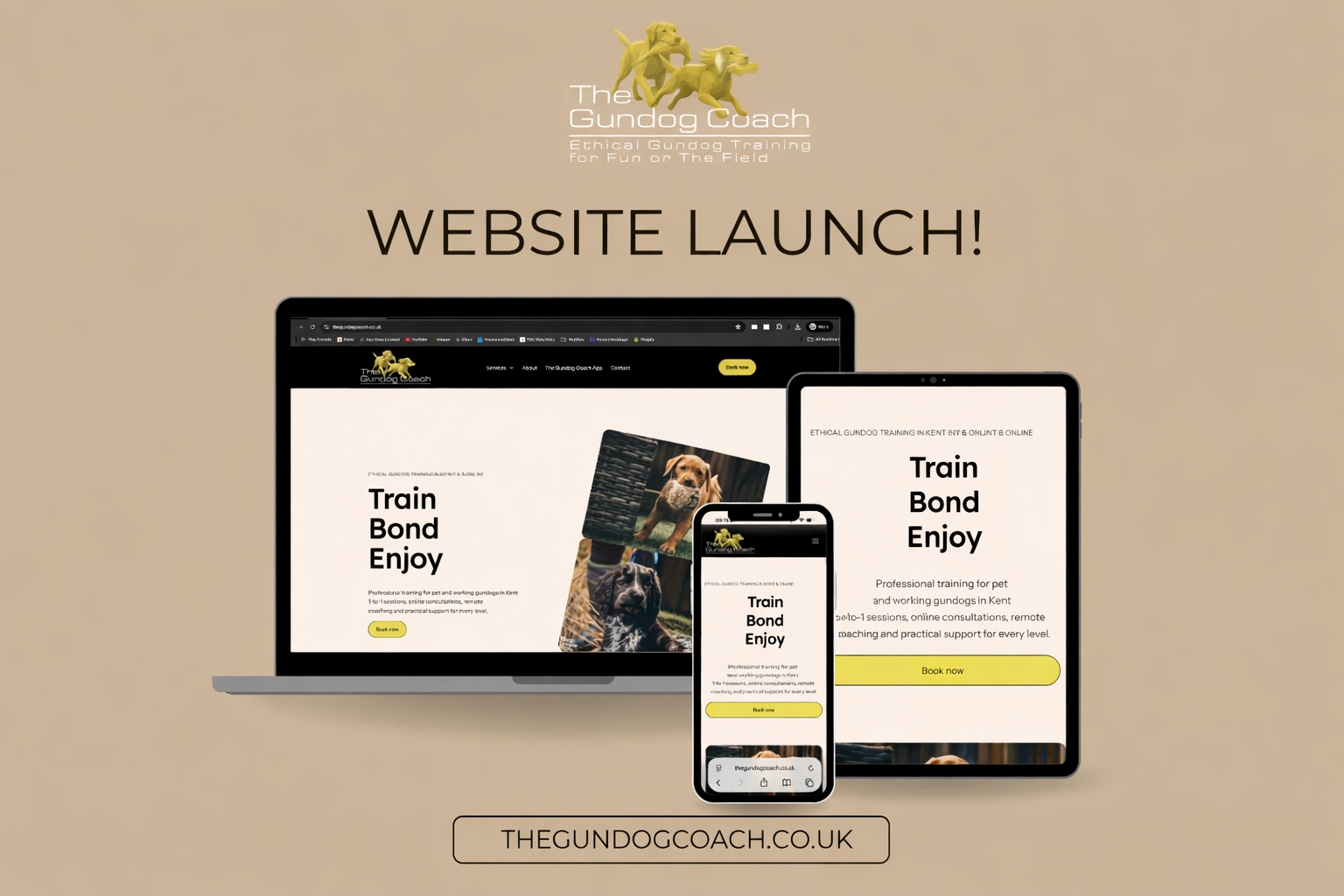 The Gundog Coach website displayed on multiple devices, highlighting personalised 1-to-1 gundog training and online consultations.
