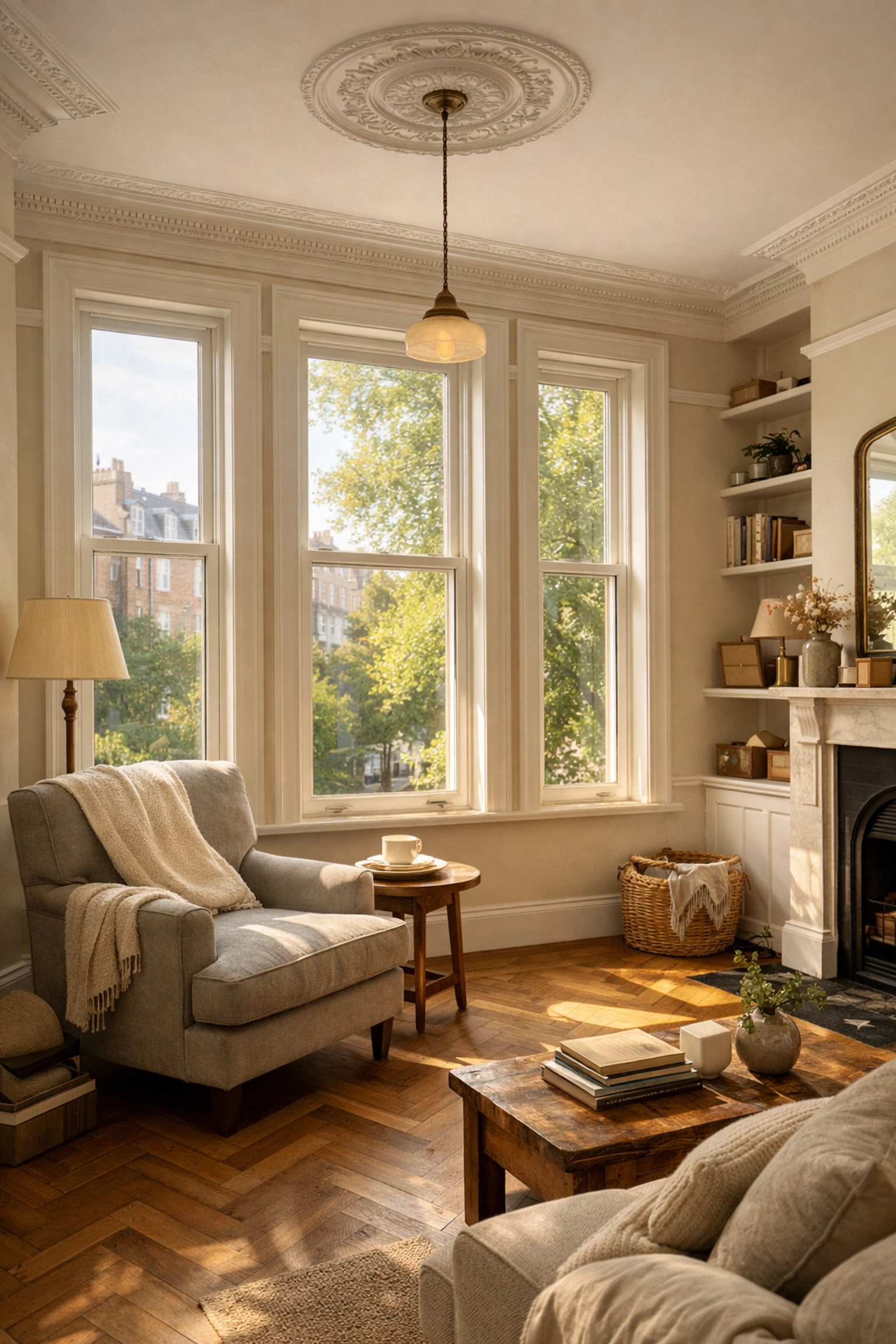 London period living room with secondary glazing installed on Victorian sash windows preserving character