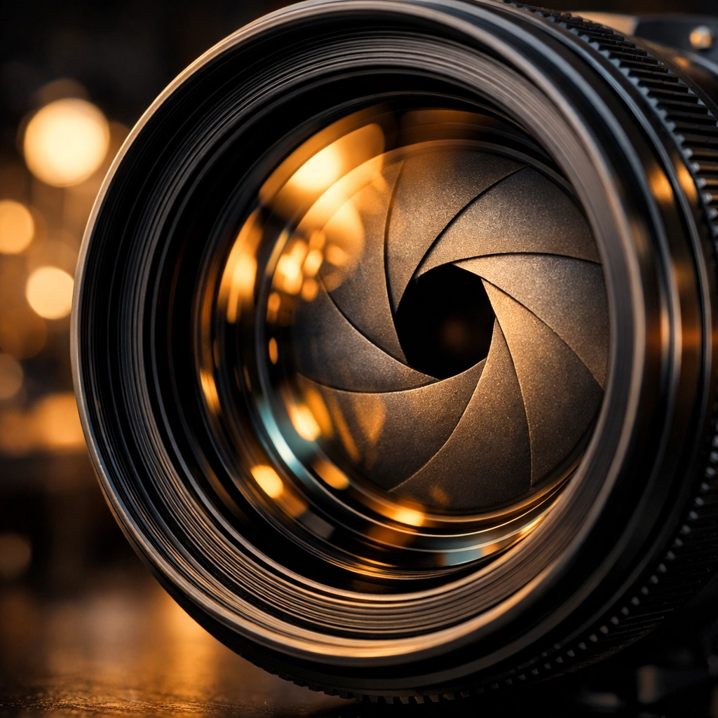 Detailed close-up of a mirrorless camera lens highlighting aperture blades for photography tutorials.