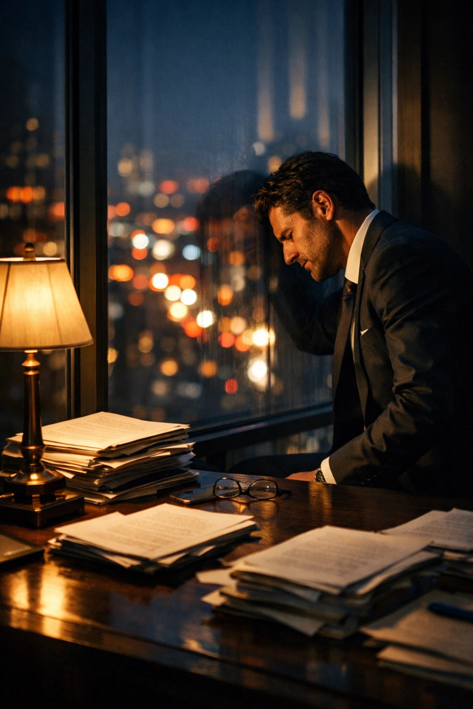 Stressed professional in a high-rise office illustrating symptoms of burnout and the need for recovery.