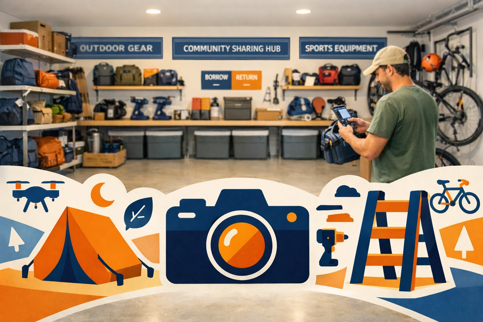Person using the Chartrflex app to scan and rent tools from an organized, community-driven garage sharing hub.