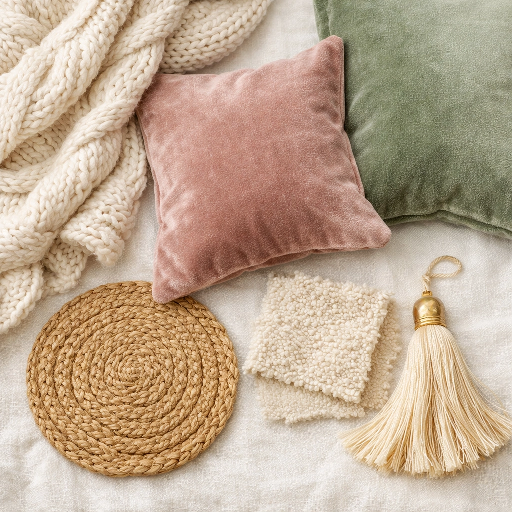 Layered fabric textures including chunky knit throw, velvet cushions, and jute for budget decor
