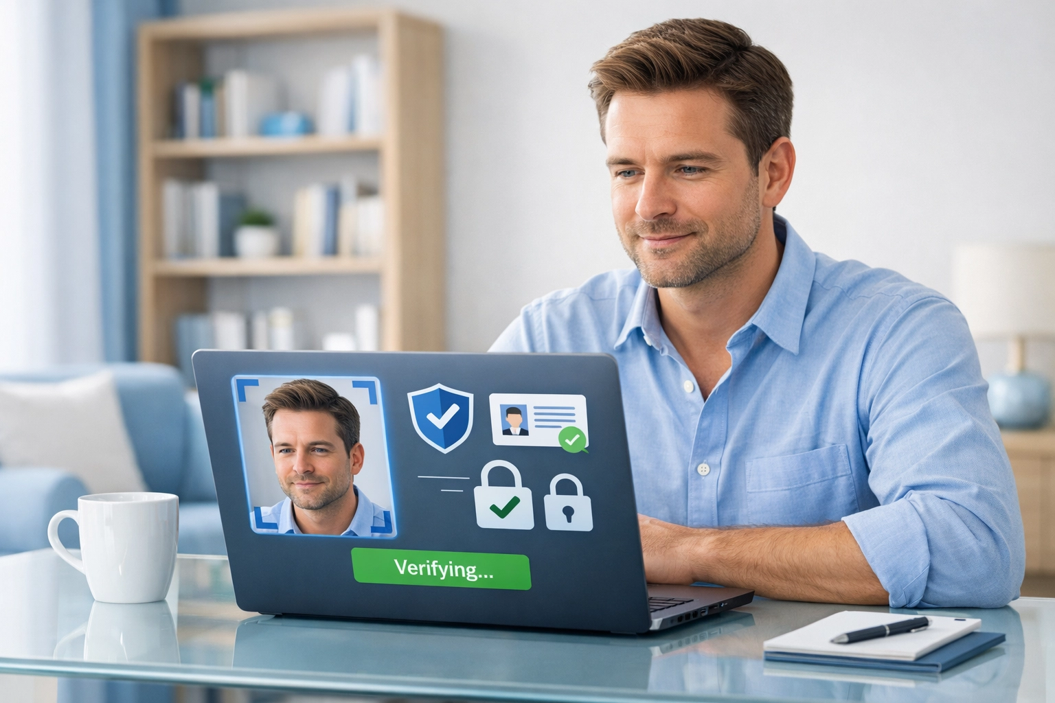 Taxpayer using a laptop for secure IRS online identity verification in a bright modern office.
