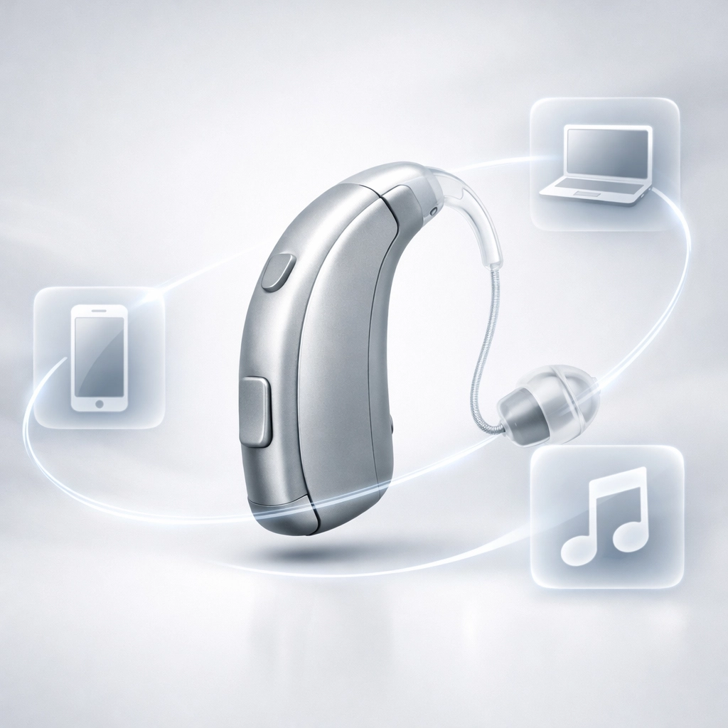 Modern hearing aid wirelessly connecting to smartphone and laptop icons for stable audio streaming.