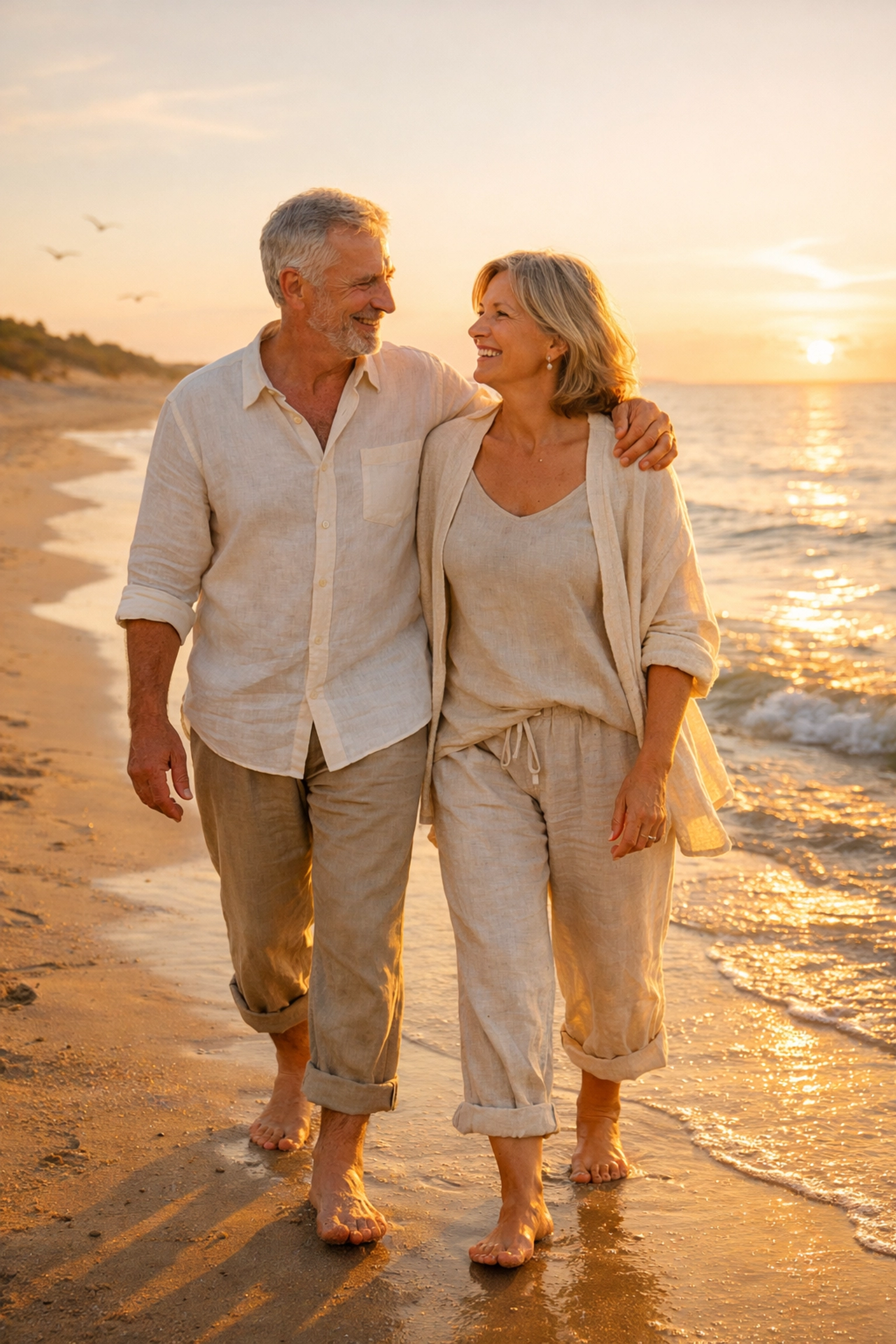 Older couple on a beach enjoying retirement security through tax-free investments.