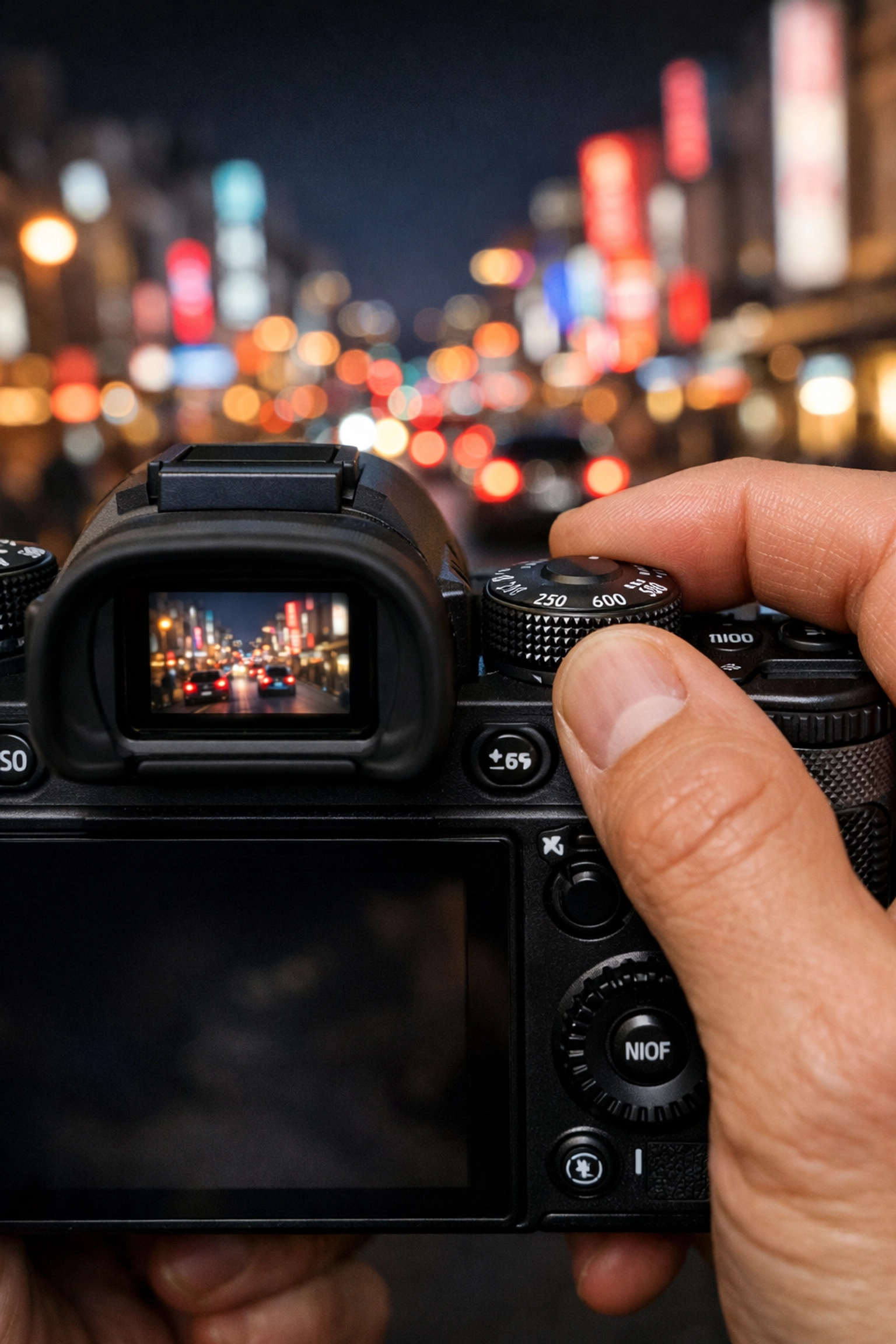 Photographer manually adjusting a camera dial to control exposure settings for a city landscape.