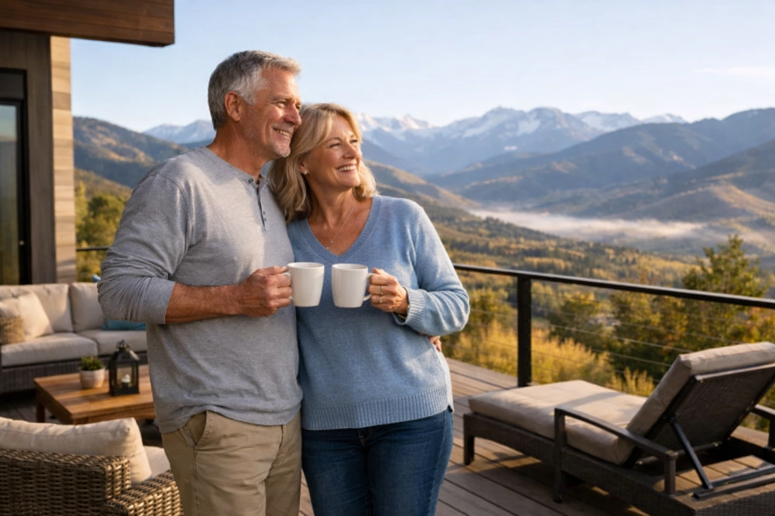 Empty nesters enjoying low-maintenance Eagle Idaho lifestyle on deck with mountain views