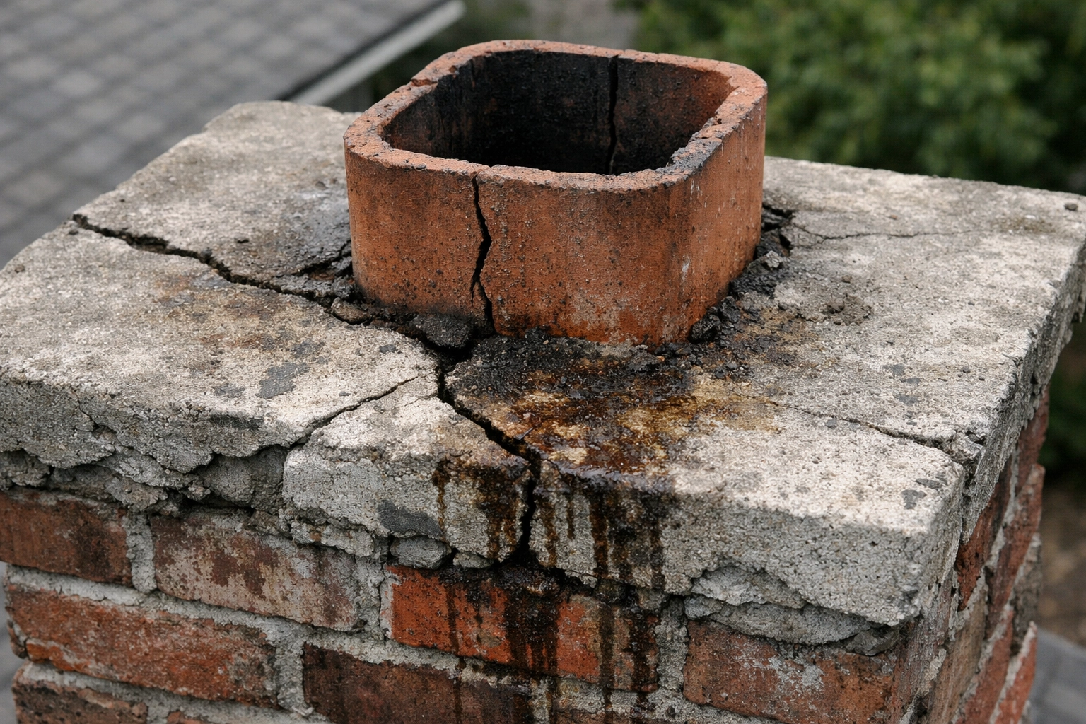 Cracked chimney flue liner showing structural damage and water deterioration