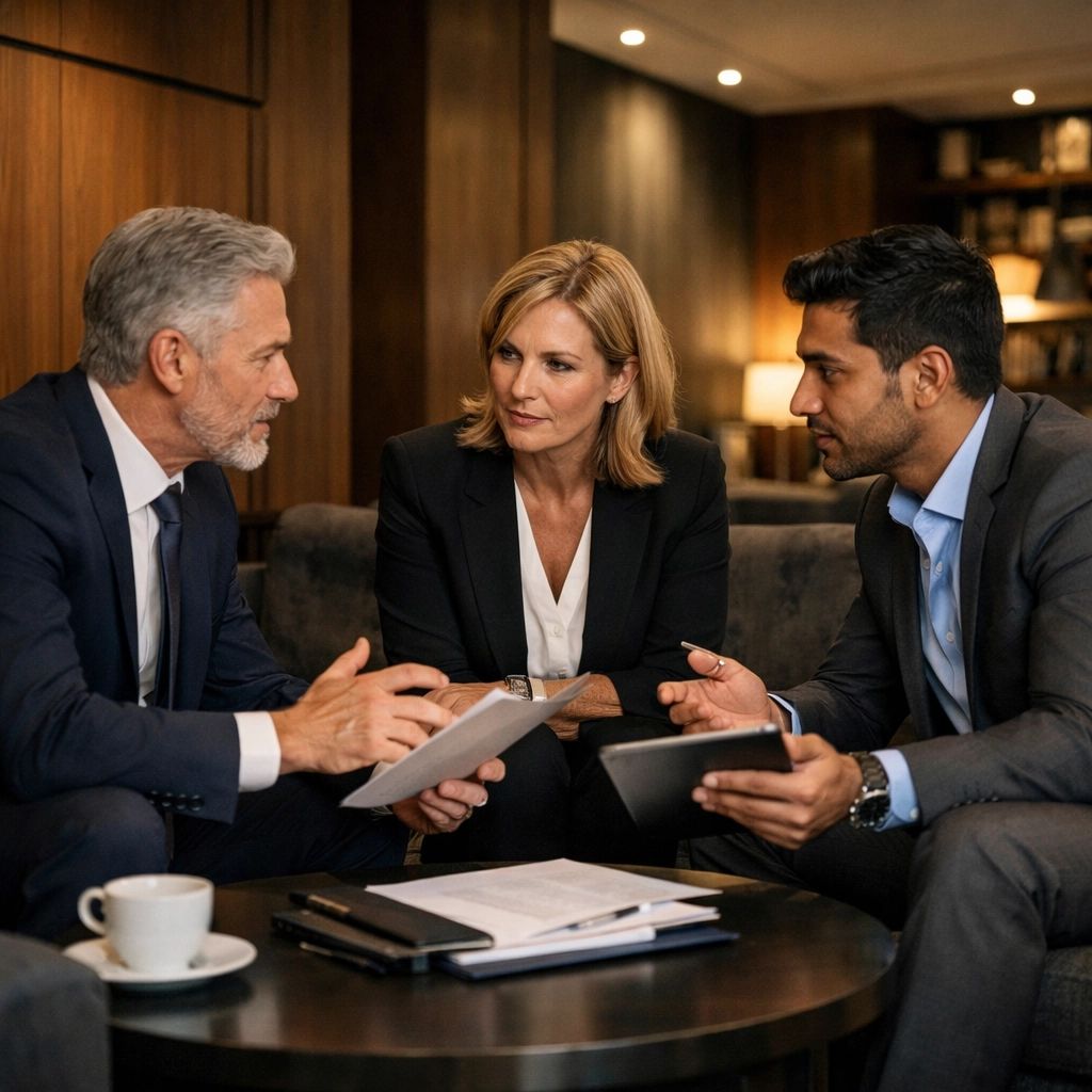 Business professionals in private Super Bowl suite lounge discussing partnership opportunities
