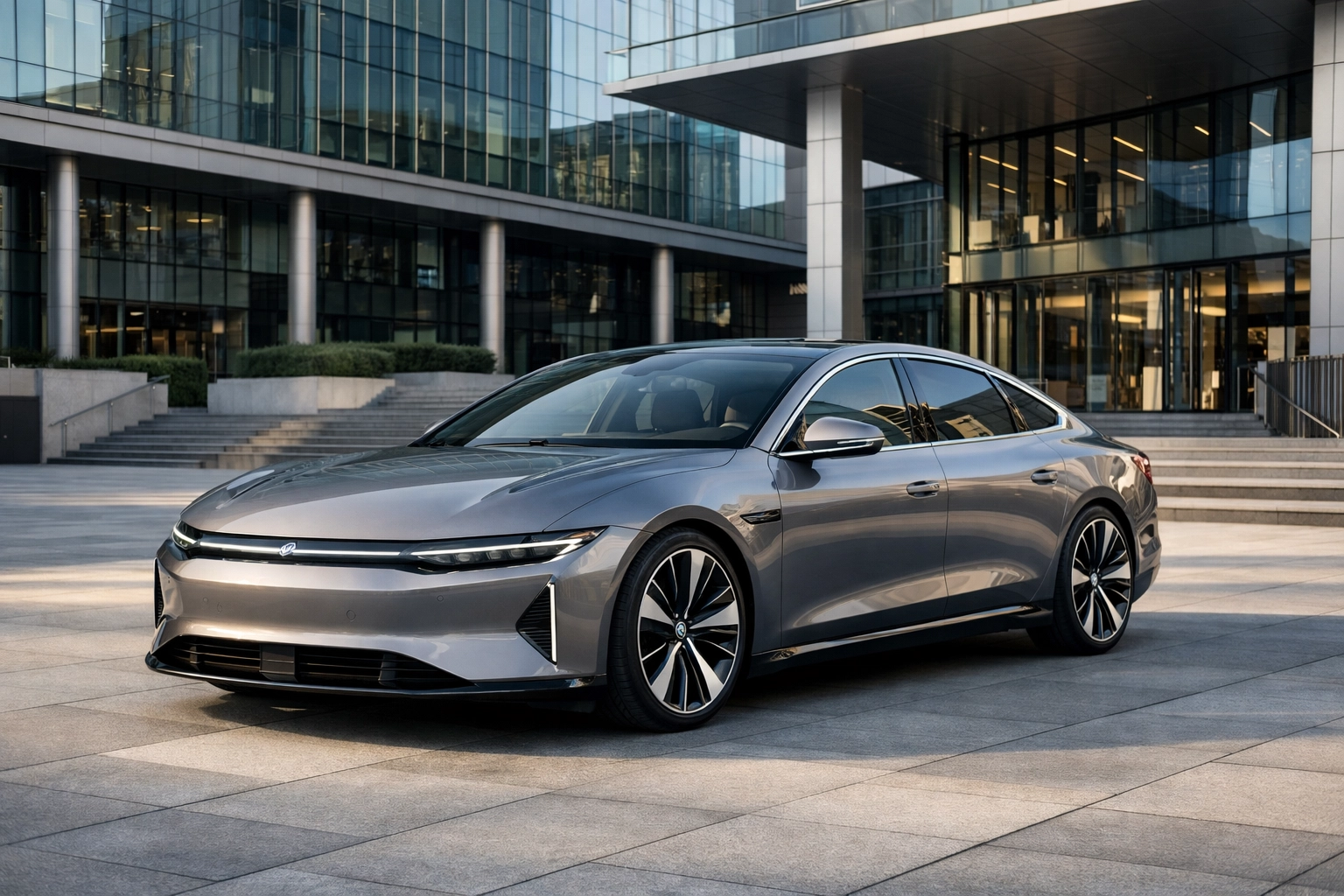 Premium electric sedan in a corporate plaza illustrating executive travel brand strategy.