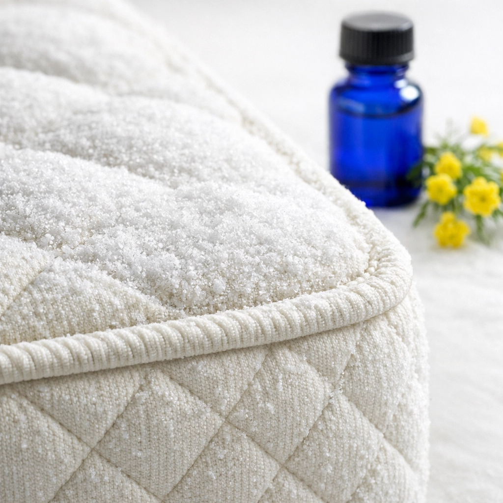 Refreshing a mattress with a fine layer of baking soda and natural essential oils for a clean home.