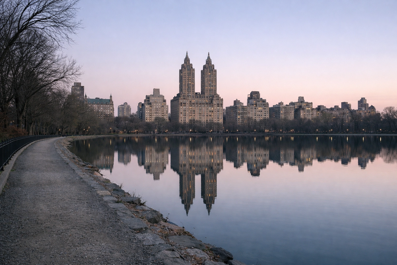 The Eldorado towers reflected in the still water of the Central Park Reservoir during a misty NYC sunrise.