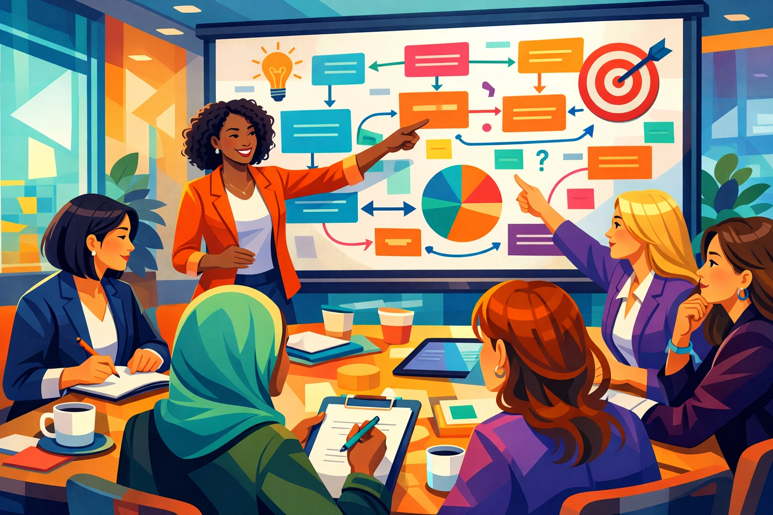 Diverse business team planning AI consulting strategy in collaborative meeting