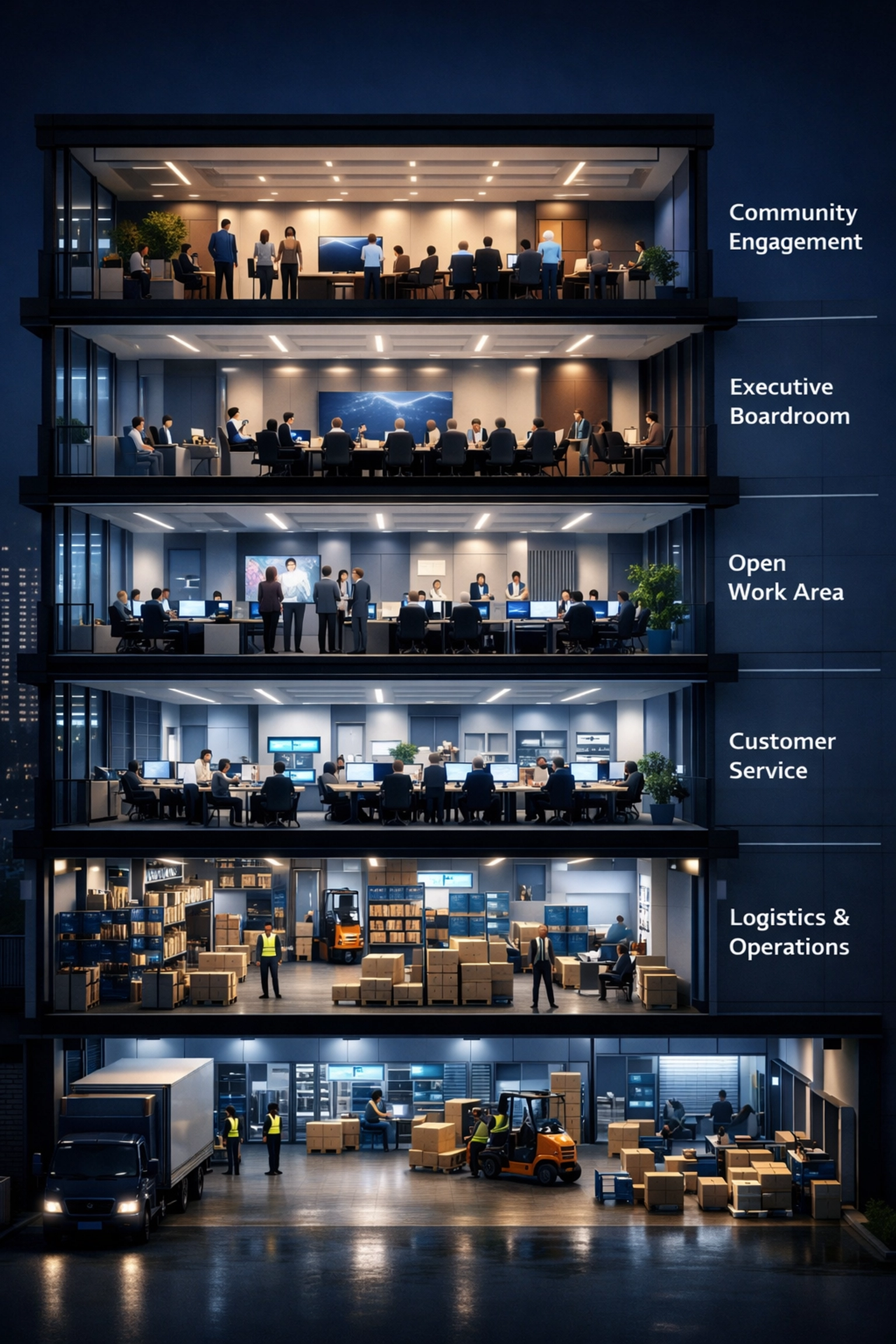 Five-level emergency management framework showing operations, workforce, and leadership coordination