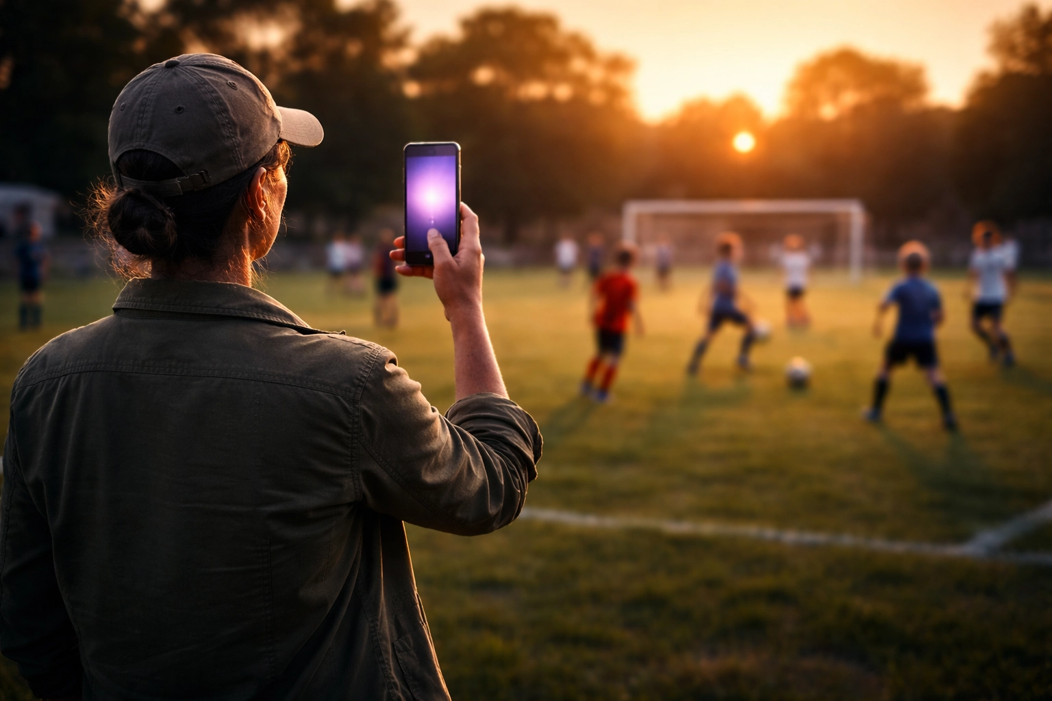 Parent closing an insurance policy via smartphone on a soccer field, showcasing work-life flexibility for agents
