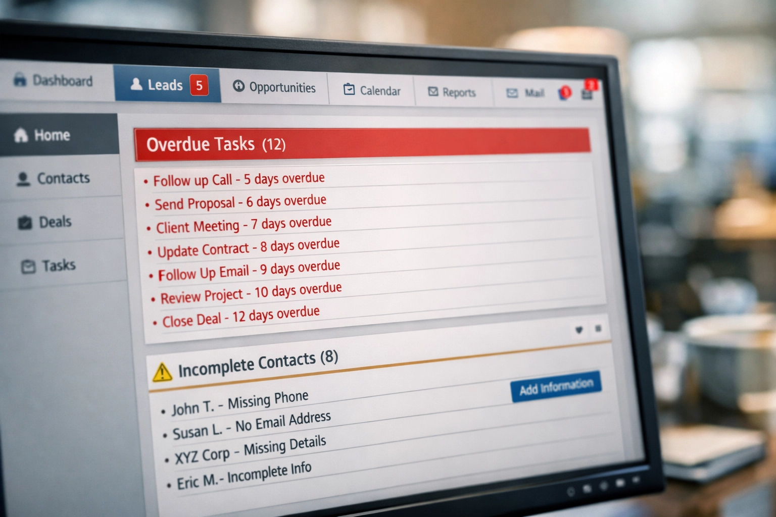 CRM dashboard showing overdue tasks and incomplete records in advisory firm workflow