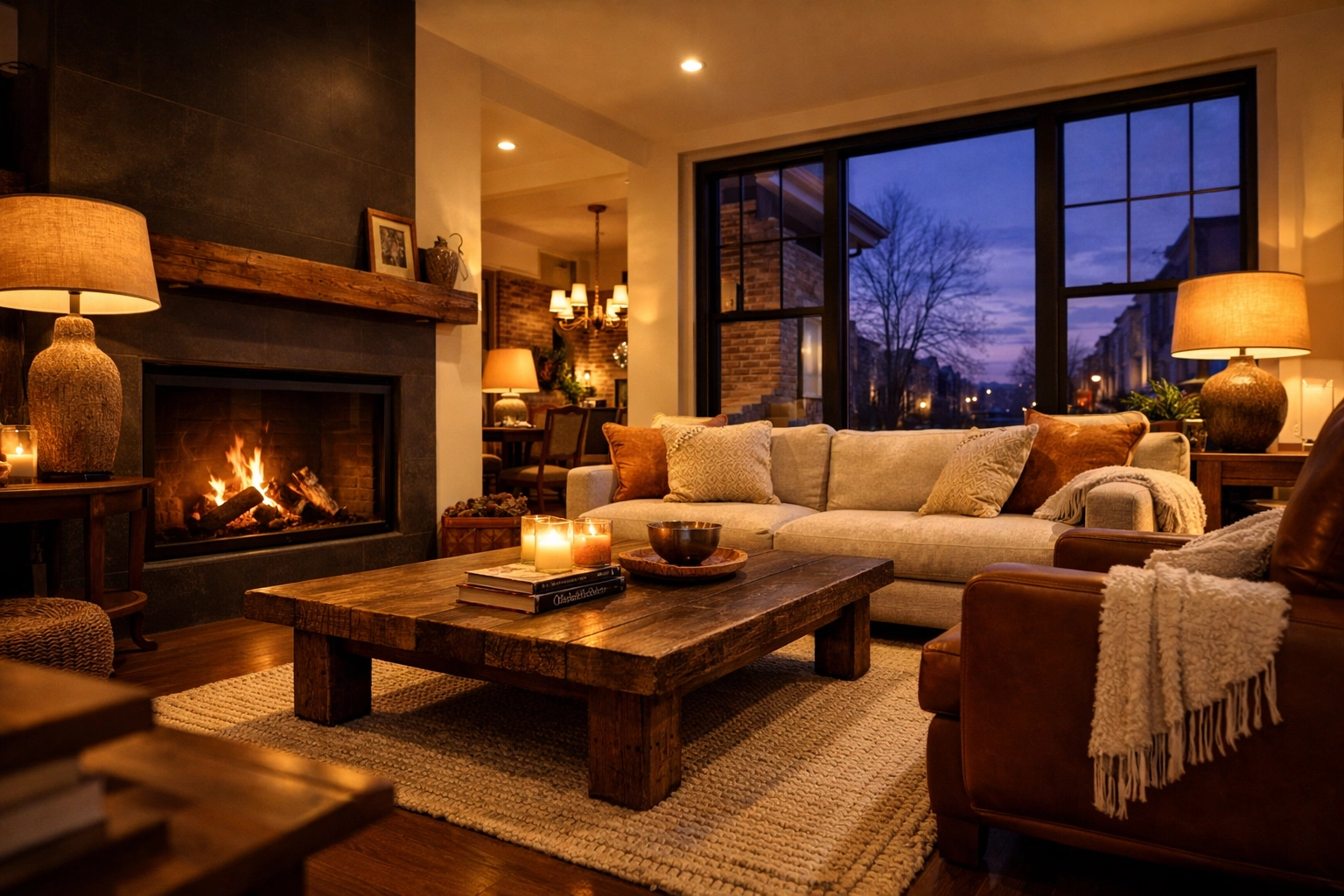 Warm, inviting living room with a fireplace in a renovated Philadelphia home, perfect for winter staging. Warm, inviting living room with a fireplace in a renovated Philadelphia home, perfect for winter staging.