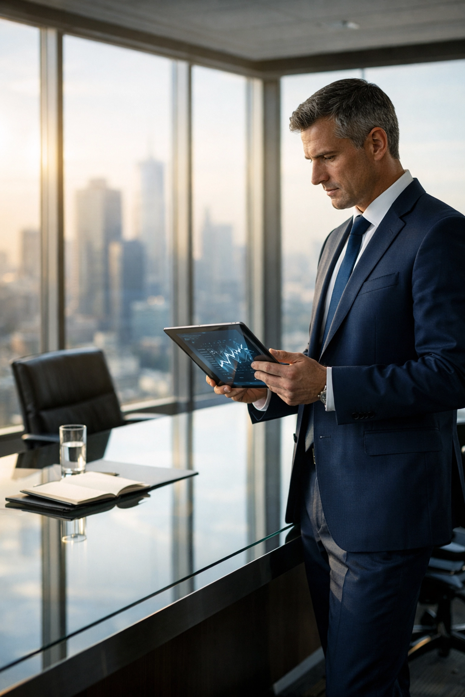 Professional conducting a business investigation using data analytics in a high-end corporate boardroom.