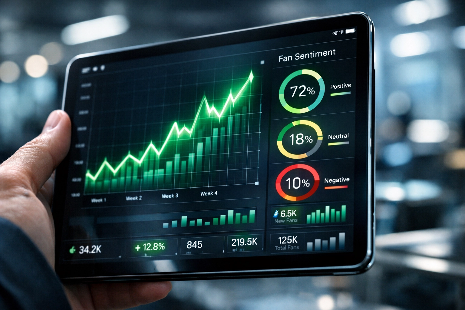 A professional tablet displaying sentiment analysis graphs and upward engagement metrics for Super Bowl ROI.