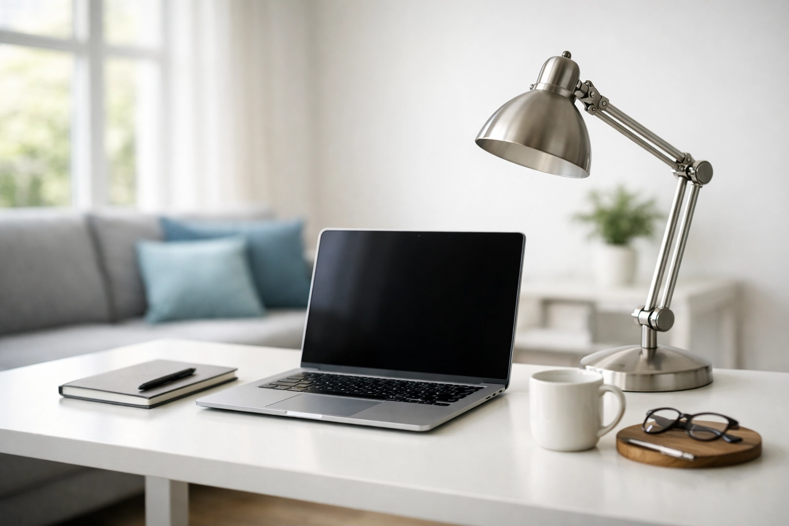 Modern minimalist home office with laptop and clean workspace showcasing professional IT support environment