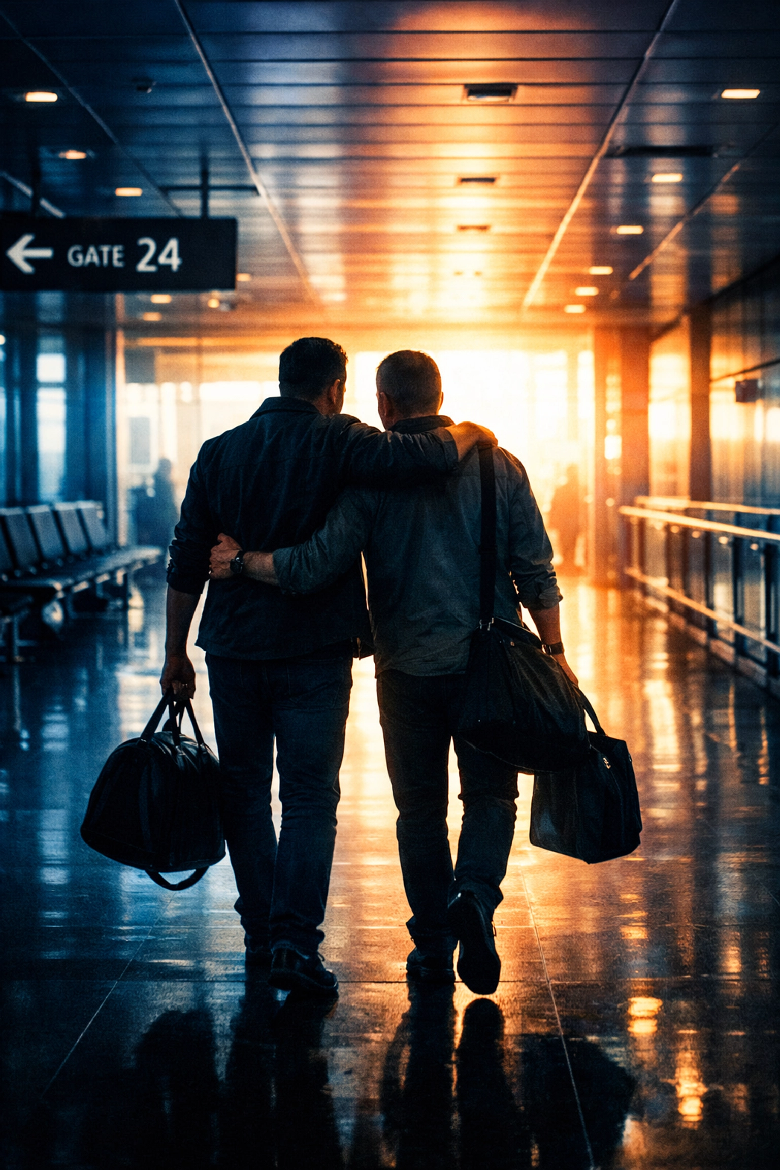 Gay men walking through an airport toward bright light, representing the relocation of Afghan LGBTQ+ refugees.