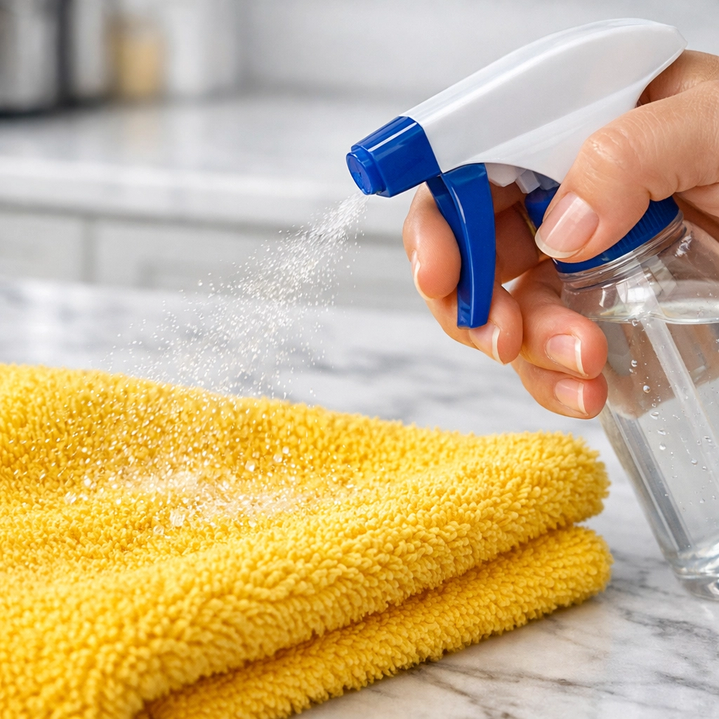 Professional house cleaning Lowell MA expert spraying cleaner on a yellow microfiber cloth for streak-free counters.