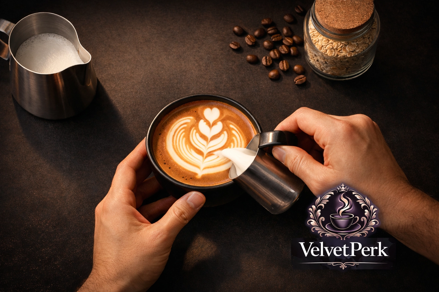 Barista pouring steamed milk to create latte art, demonstrating milk alternative frothing technique