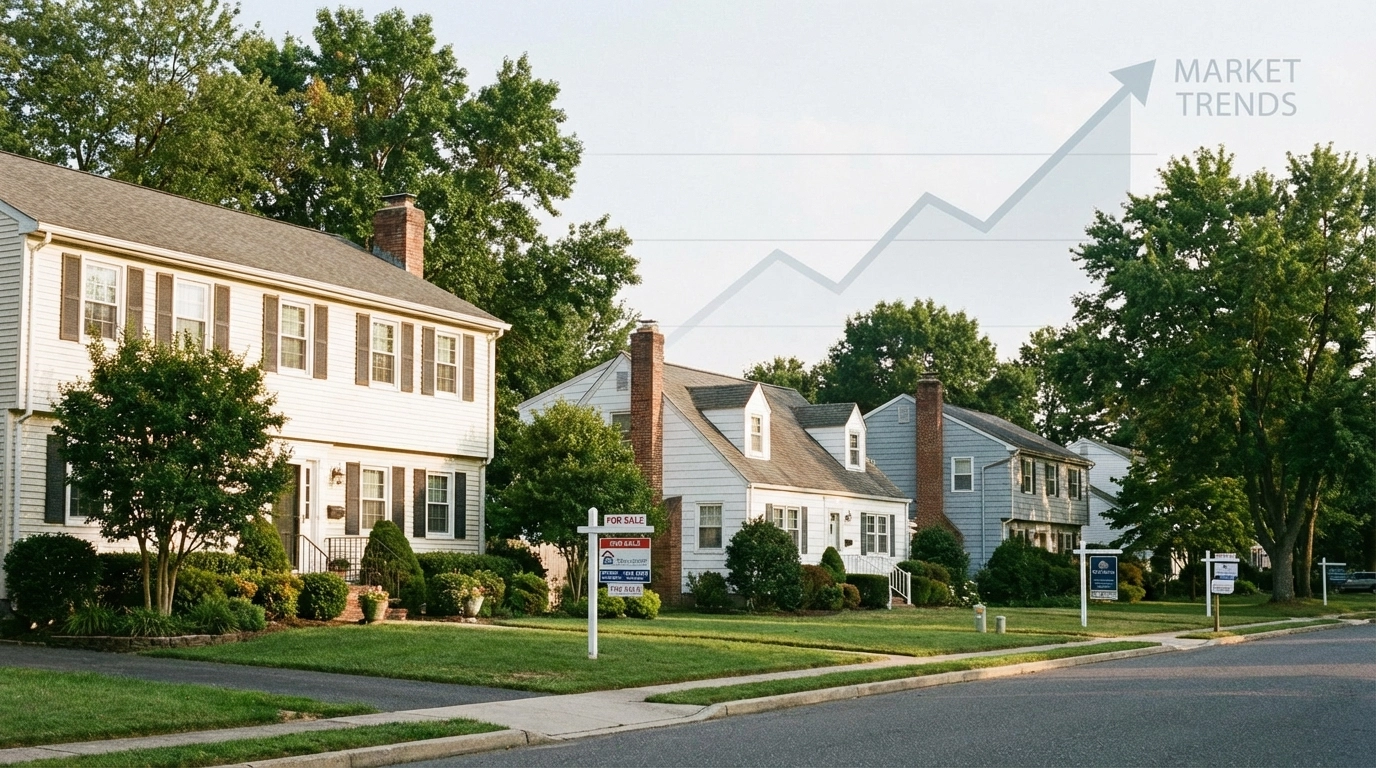 South Jersey neighborhood streetscape with several homes, multiple For Sale signs, and a subtle line graph in the background representing local real estate market movement.