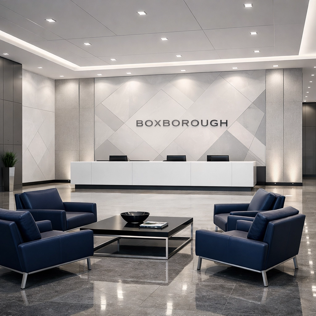 Pristine luxury corporate lobby in Boxborough showcasing results of professional office cleaning services.