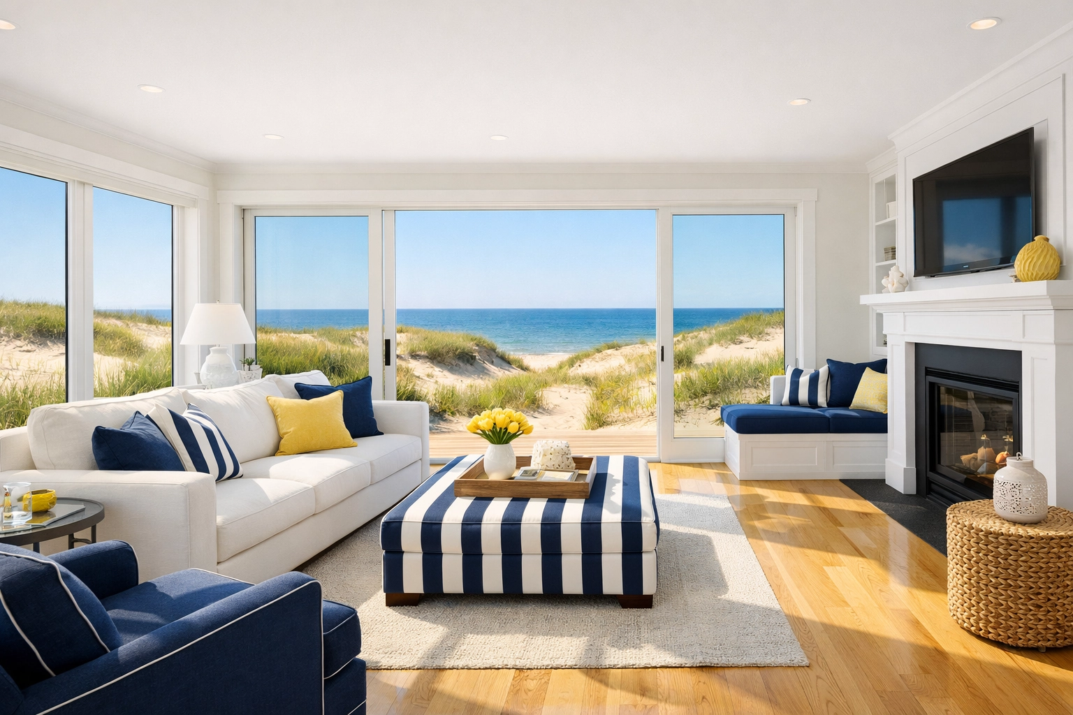 Professional residential cleaning in Truro featuring a spotless coastal living room with bright hardwood floors.