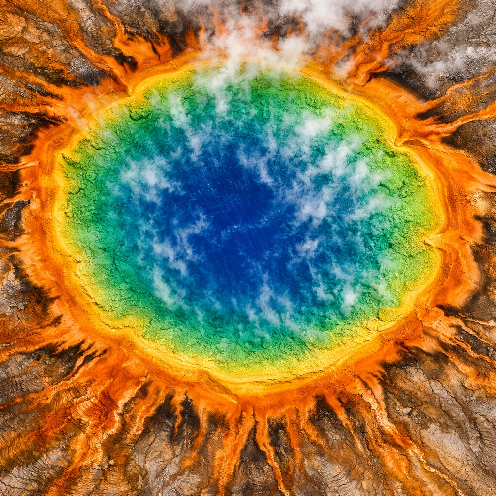 Aerial view of Grand Prismatic Spring for student biology and science field studies.