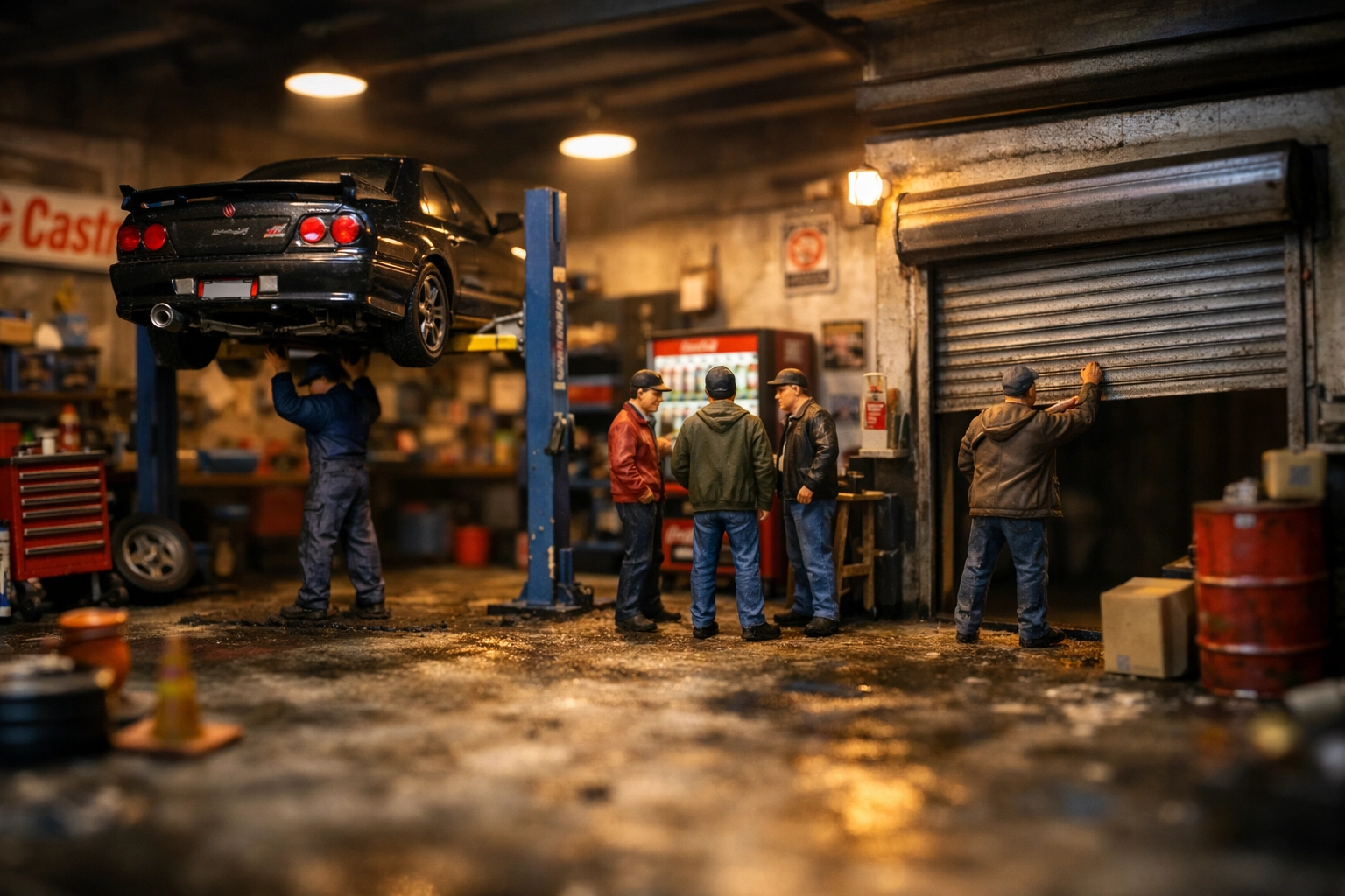 Complete 1:64 scale garage diorama with miniature people and cars in a realistic workshop scene.