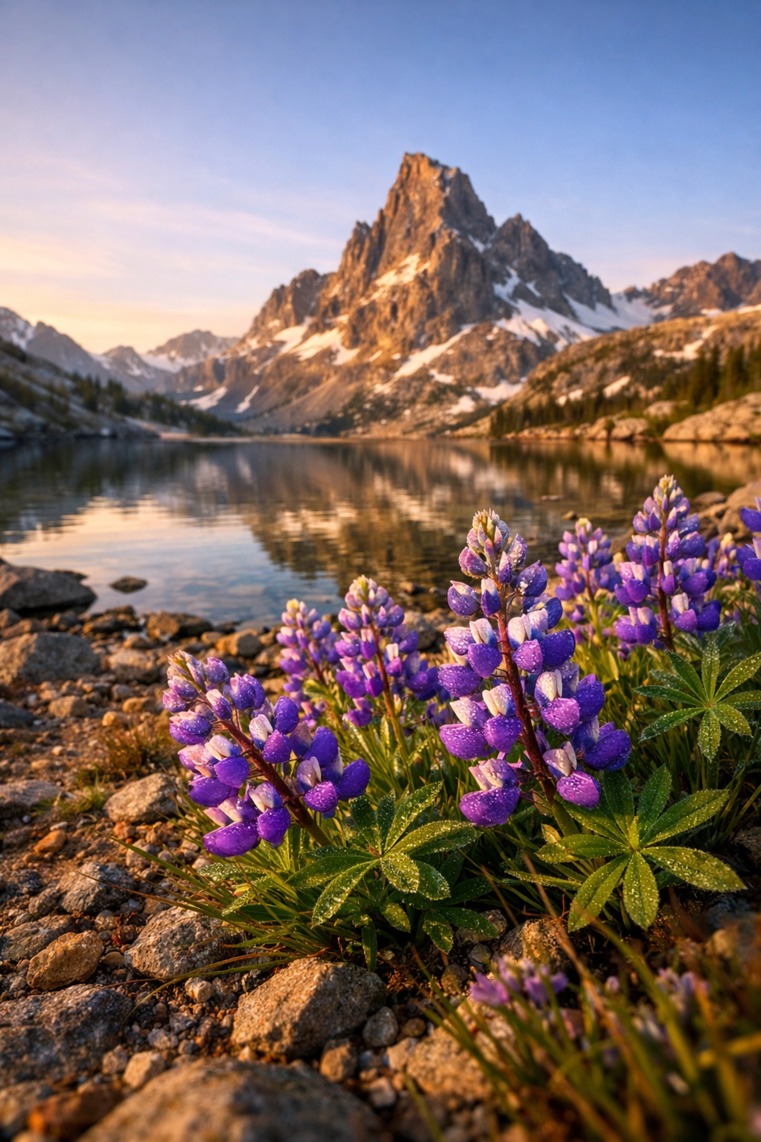 Low-angle landscape composition using purple flowers as a foreground anchor leading to distant mountains.