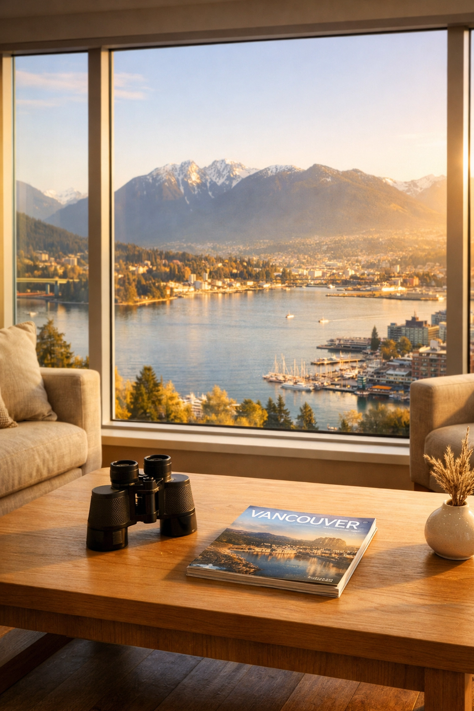 Modern Vancouver short-term rental penthouse with floor-to-ceiling views of the North Shore Mountains.